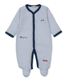 Light blue and white striped baby sleepsuit with navy trim and embroidered car motifs.