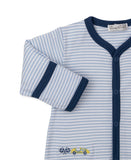 Light blue and white striped sleepsuit with navy trim, snap buttons, and embroidered checkered flags and yellow race car.