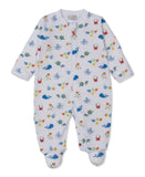 White baby sleepsuit with a colourful sea creature pattern, featuring a full-length front zip and integrated feet.