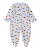White footed sleepsuit with long sleeves and an all-over pattern of red, yellow, and blue biplanes.