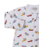 White sleepsuit with a multicolor airplane print, long sleeves with ribbed cuffs, and a front zipper.