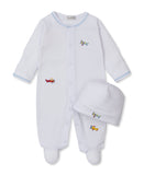 White baby sleepsuit with integrated feet and matching beanie hat, both featuring colourful aeroplane embroidery and blue tri