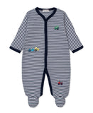 Navy and white striped footed sleepsuit with long sleeves, a V-neck, and colourful embroidered vehicle motifs.