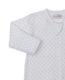 White sleepsuit with light blue star pattern, full-front zipper, ribbed collar, and ribbed cuffs.