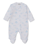 Light blue baby sleepsuit with long sleeves, integrated feet, and an all-over print of suns, moons, stars, and clouds.