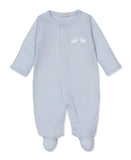 Light blue baby sleepsuit with integrated feet, long sleeves, and two white embroidered rabbits on the chest.