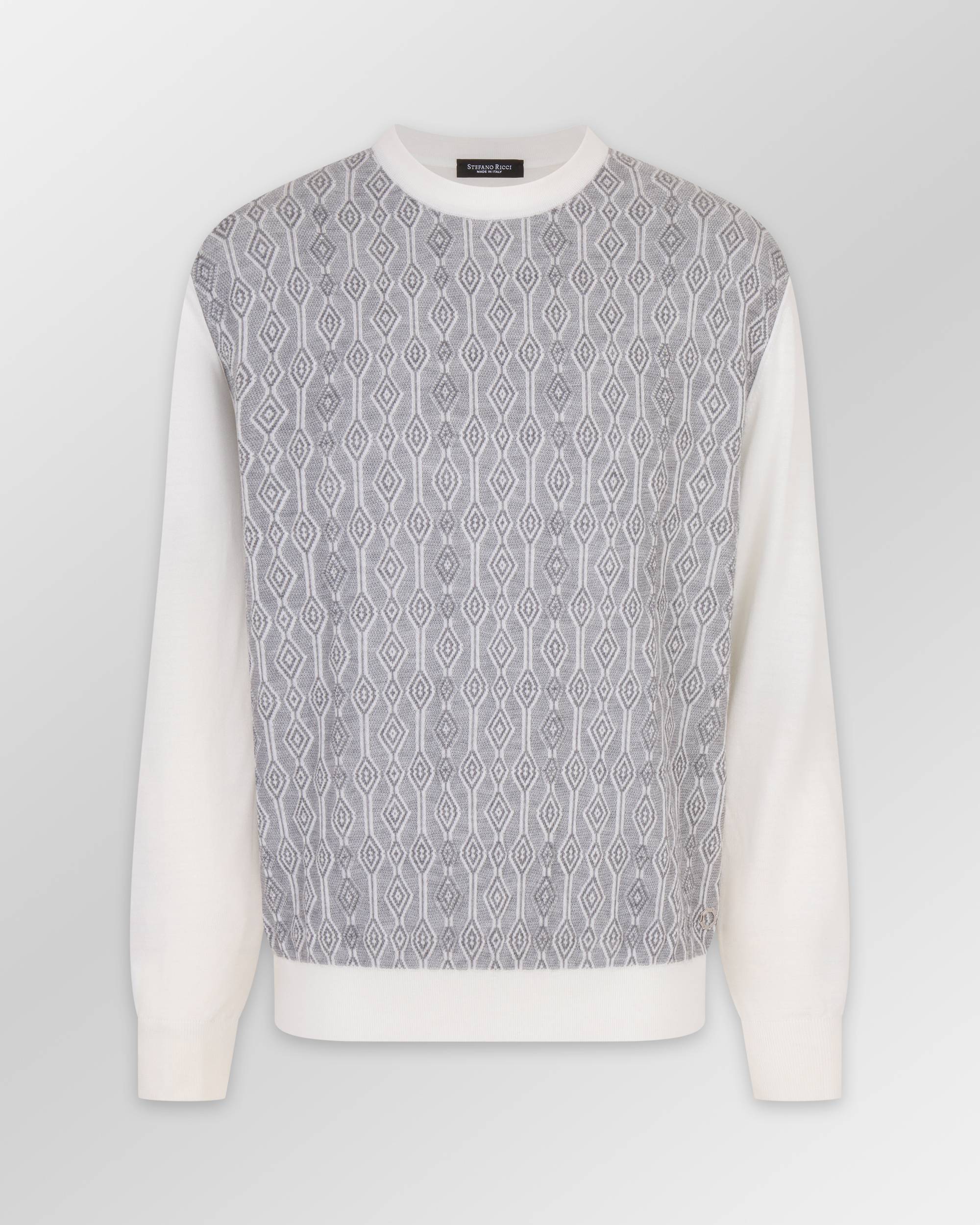 White crew neck sweater with long sleeves and a grey front panel featuring a repeating white diamond pattern.