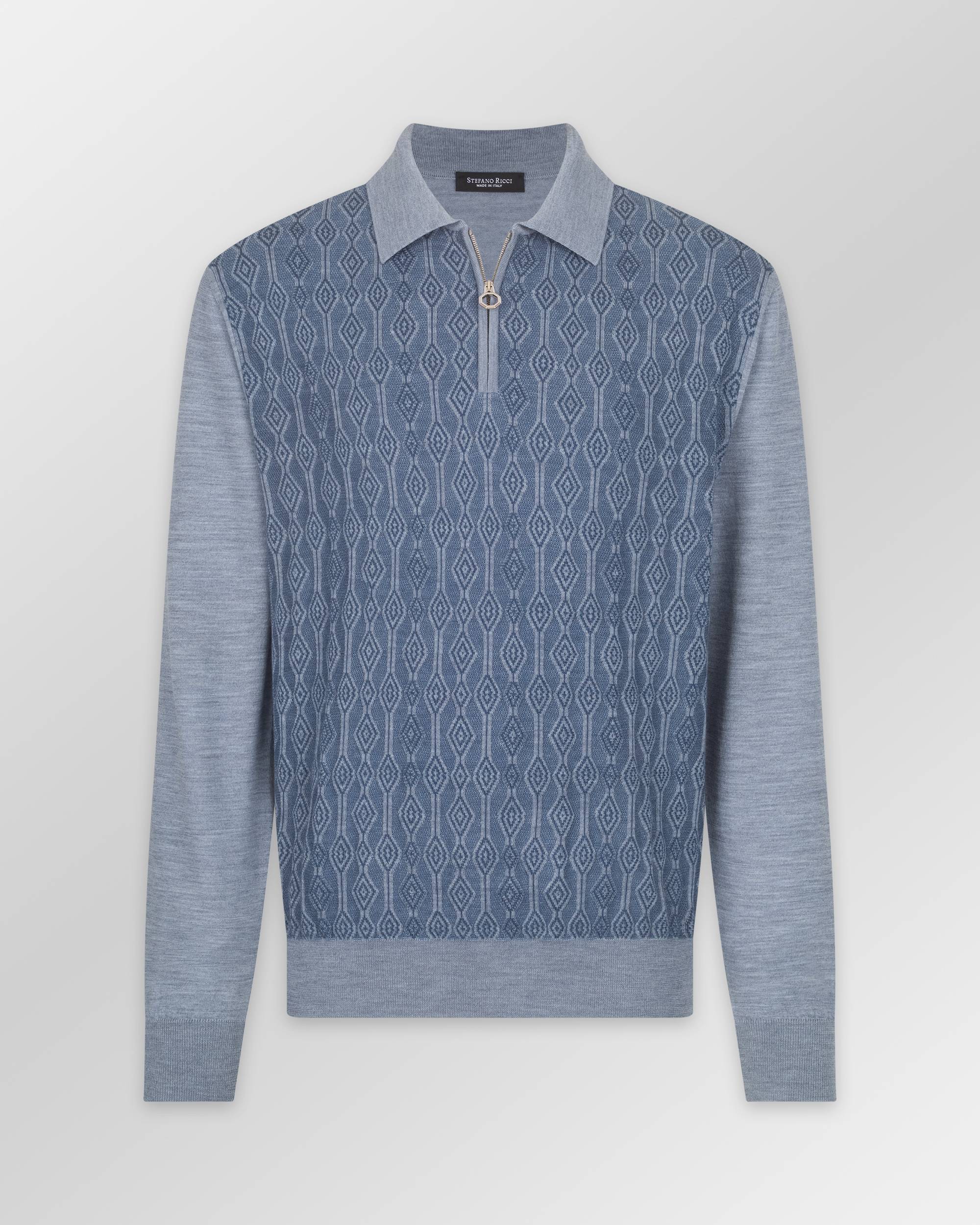 Light blue long-sleeve polo sweater with a diamond pattern on the body, plain sleeves, ribbed collar, cuffs, and hem, and a g