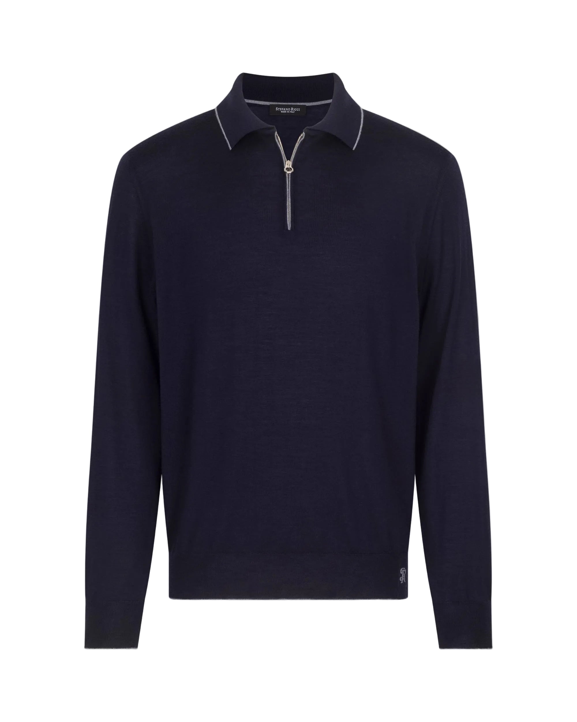 A dark navy blue long-sleeve quarter-zip sweater with a contrasting light gray piping detail on the collar, displayed against a neutral light gray background.