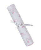 White burp cloth with a pink teddy bear and heart print, featuring pink scalloped trim on the ends, tied with a 'kissy kissy'