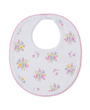 White baby bib with multicolor floral bouquets and butterflies print, featuring a pink scalloped edge and a snap closure.