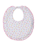 White baby bib with scattered pink, light blue, and yellow hearts, featuring a ruffled pink trim and snap closure.