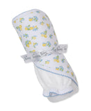 Rolled white towel with yellow lemon and blue floral print, tied with a 'kissy kissy' ribbon. Features blue scalloped trim.