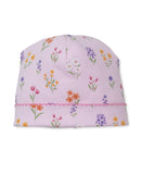 Light pink beanie with multicolor floral print and a pink picot trim along the brim.