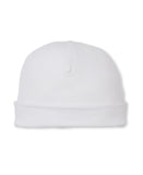 White baby beanie made of soft knit fabric, featuring a rounded crown, a folded brim, and a small gathered point at the top.