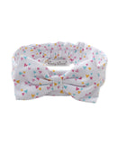 White fabric headband with a pattern of small pink, blue, and yellow hearts, featuring a matching bow on the front and a gath