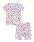 White short-sleeved pyjama set with matching shorts, featuring a multicolor print of ice cream cones, popsicles, and small fl