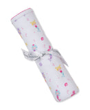 White blanket with multicolor mermaid, seashell, and starfish print, featuring a pink scalloped trim. Tied with a white 'Kiss