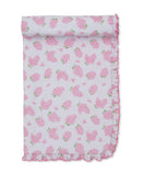 Pink and white baby blanket with an all-over pink floral pattern and a ruffled pink trim along the edges.