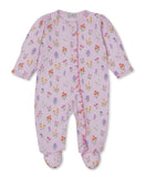 Light purple baby sleepsuit with a multicolour floral print, long sleeves, integrated feet, and a pink ruffle trim down the f