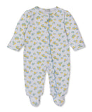 White baby sleepsuit with yellow lemon and blue flower print, long sleeves, footed design, and ruffle-trimmed snap button clo