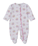 White baby sleepsuit with multicolour floral and butterfly print, featuring a pink ruffled snap-button placket.