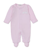 Pink long-sleeved baby sleepsuit with white embroidered bunny motif, scalloped trim, and full-length popper fastening.