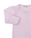Pink baby sleepsuit with long sleeves, white scalloped trim on neckline, front placket, and cuffs. Small white animal embroid