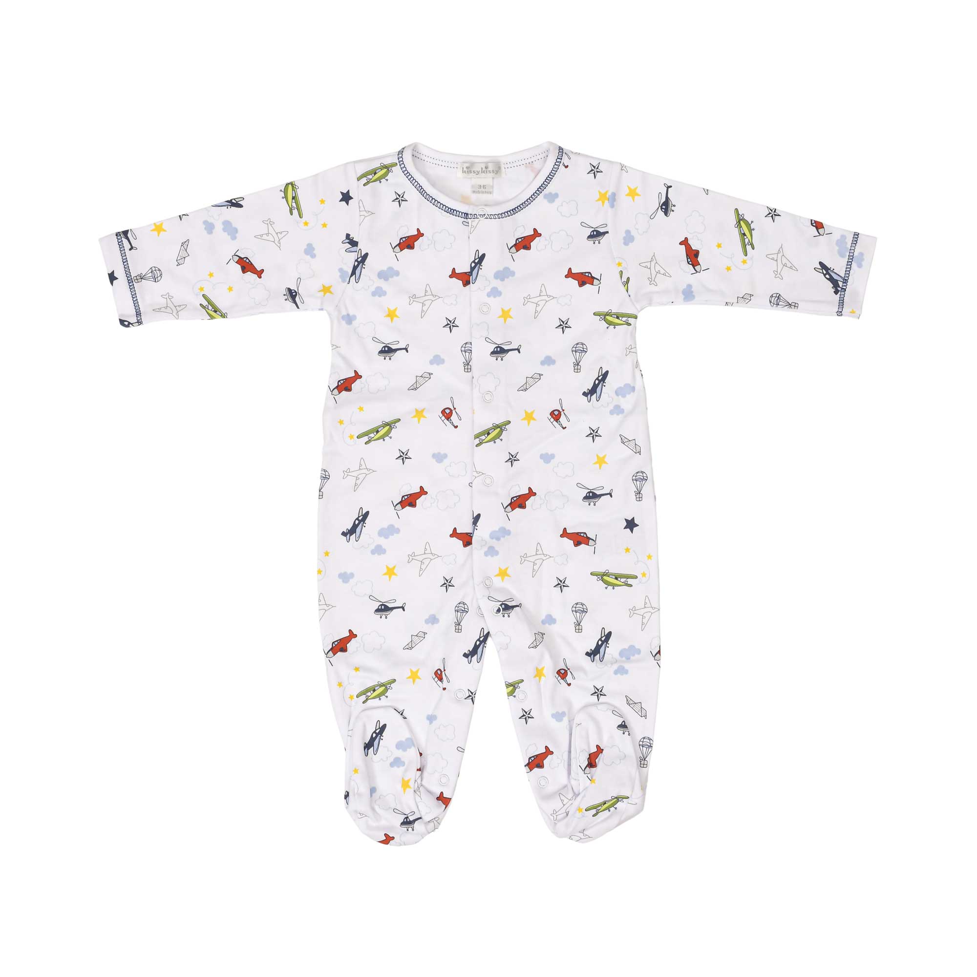 White long-sleeved, footed baby romper with an all-over print of colorful planes, helicopters, clouds, and stars. Features sn