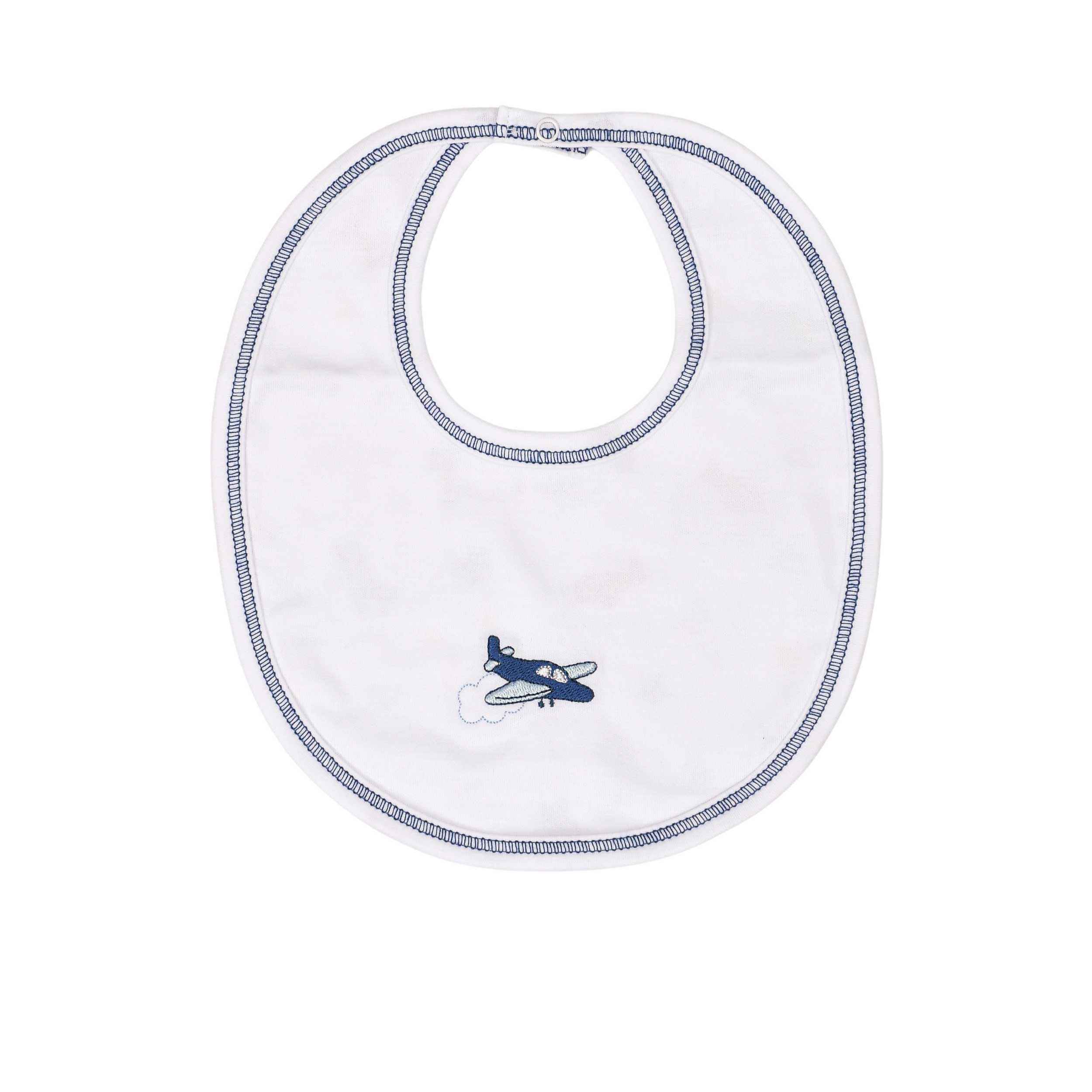 White baby bib with navy blue stitched trim. Features a navy blue airplane embroidery with light blue accents and a white clo