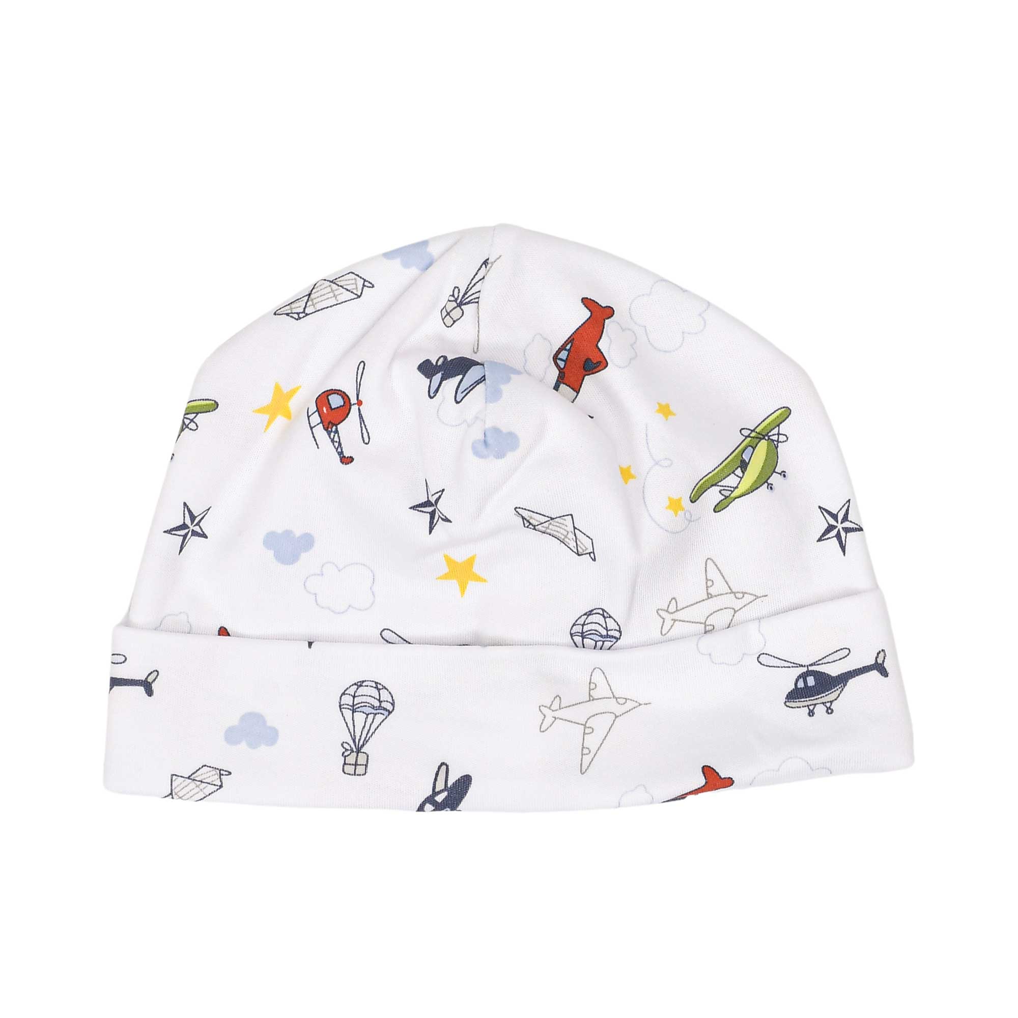 White baby beanie with a folded brim, featuring an all-over print of colorful airplanes, helicopters, hot air balloons, cloud