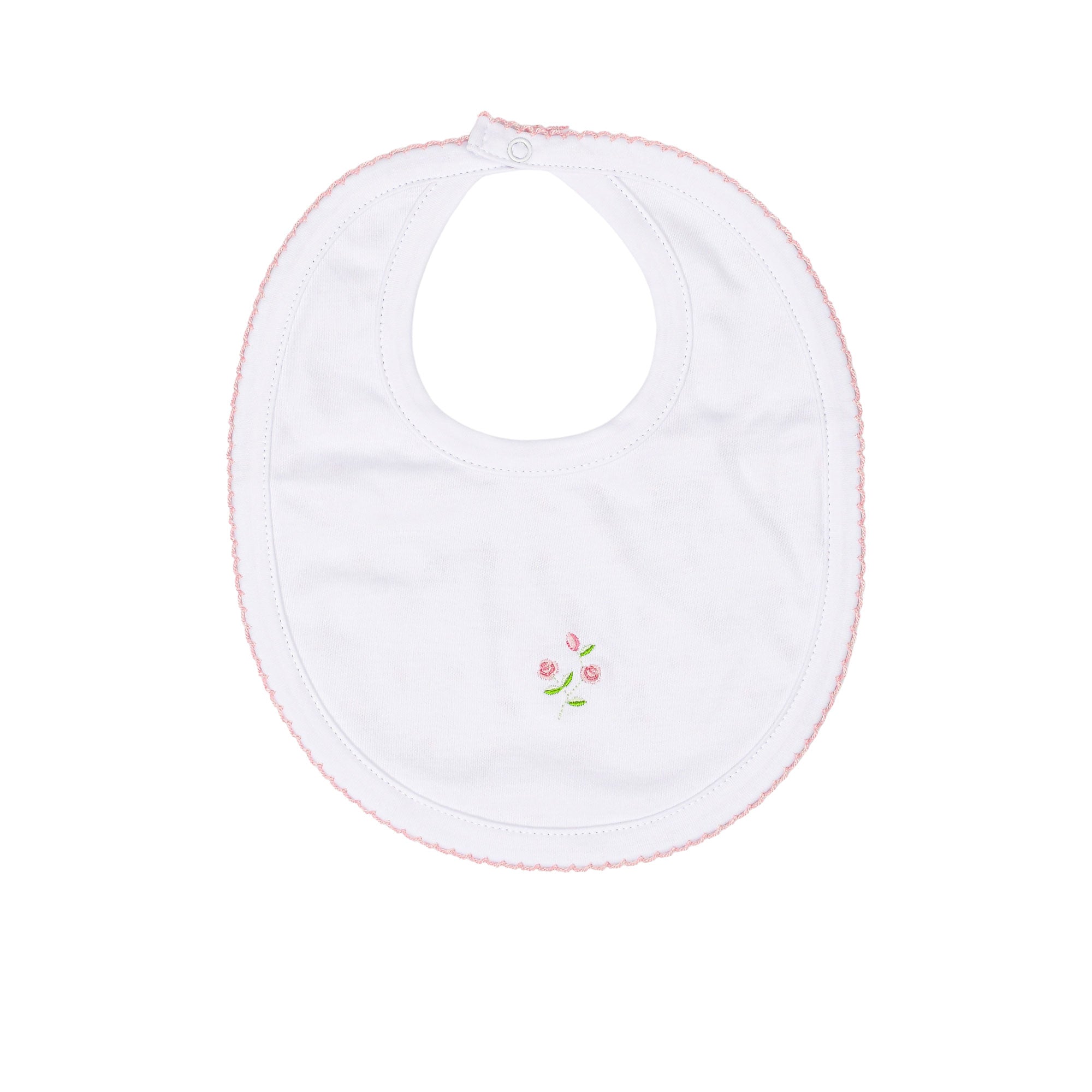 White baby bib with pink scalloped trim, embroidered pink rosebuds with green leaves, and a snap closure.