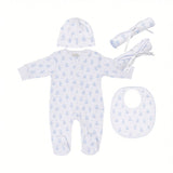 Light blue and white Kissy Kissy Kids newborn gift set with teddy bear pattern, including a footed romper, hat, bib, and two