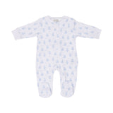 White long-sleeved, footed baby sleeper with full-length zipper and an allover light blue teddy bear print.