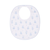 White baby bib with light blue scalloped trim and an allover print of small light blue teddy bears and tiny stars. Snap closu