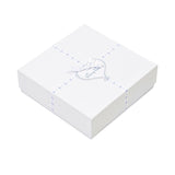 White square gift box with a light blue patterned ribbon tied in a bow, featuring a heart-shaped 'Lissy Lou' tag.