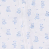 White fabric with a repeating pattern of light blue teddy bears and small blue paw prints, featuring a white zipper.