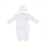 White long-sleeved footed sleepsuit with blue scalloped trim and blue teddy bear embroidery, paired with a matching white bea
