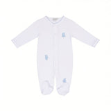 White long-sleeved, footed sleepsuit with light blue trim, snap-button front closure, and three blue embroidered teddy bears.