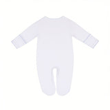 White long-sleeved, footed sleepsuit with blue scalloped trim on the round neckline and sleeve cuffs.