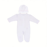 White long-sleeved, footed sleepsuit and matching beanie hat, both with pink scalloped trim.