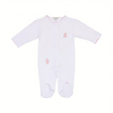 White long-sleeve footed sleepsuit with pink scalloped neckline, full snap closure, and two pink teddy bear embroideries.