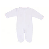 White long-sleeve, footed sleepsuit with pink scalloped trim on the neckline and cuffs. Snap closure down the back. Faint pin