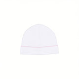 White baby beanie with a pink scalloped trim.