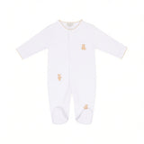 White footed sleepsuit with gold-toned scalloped trim on neckline and cuffs, snap closure, and three teddy bear embroideries.