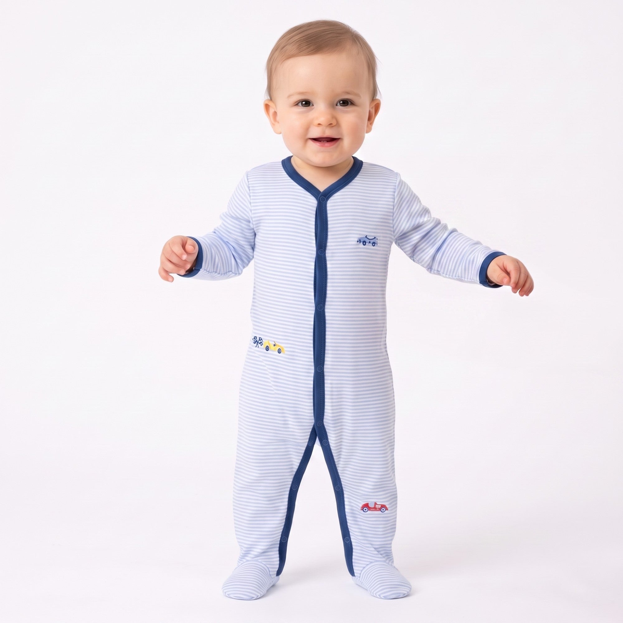 Kissy Kissy New Born Boy's Striped Knit Sleepsuit with Embroidered Cars