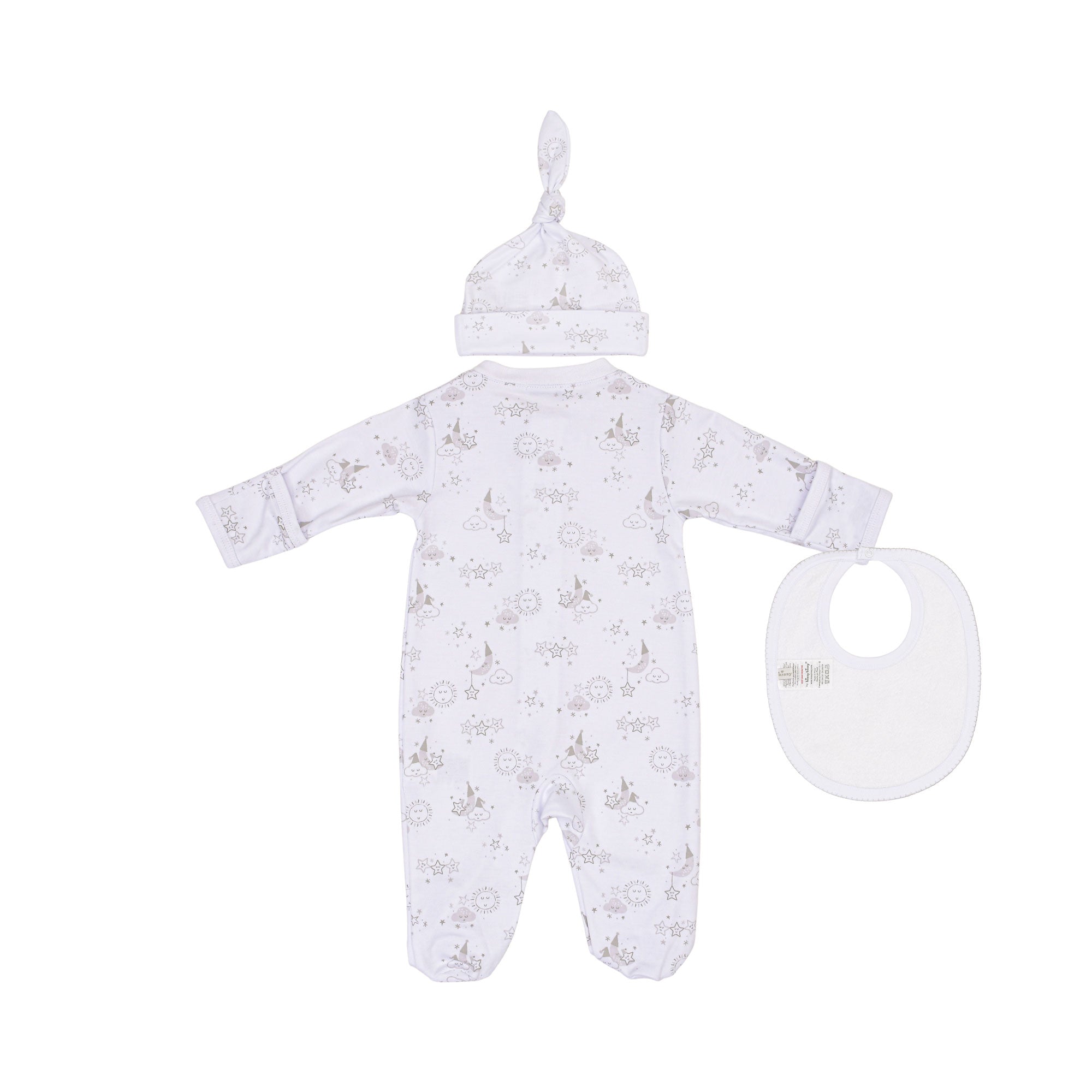 Kissy Kissy Newborn's Sleepsuit with Silver Celestial Pattern, Hat & Bib
