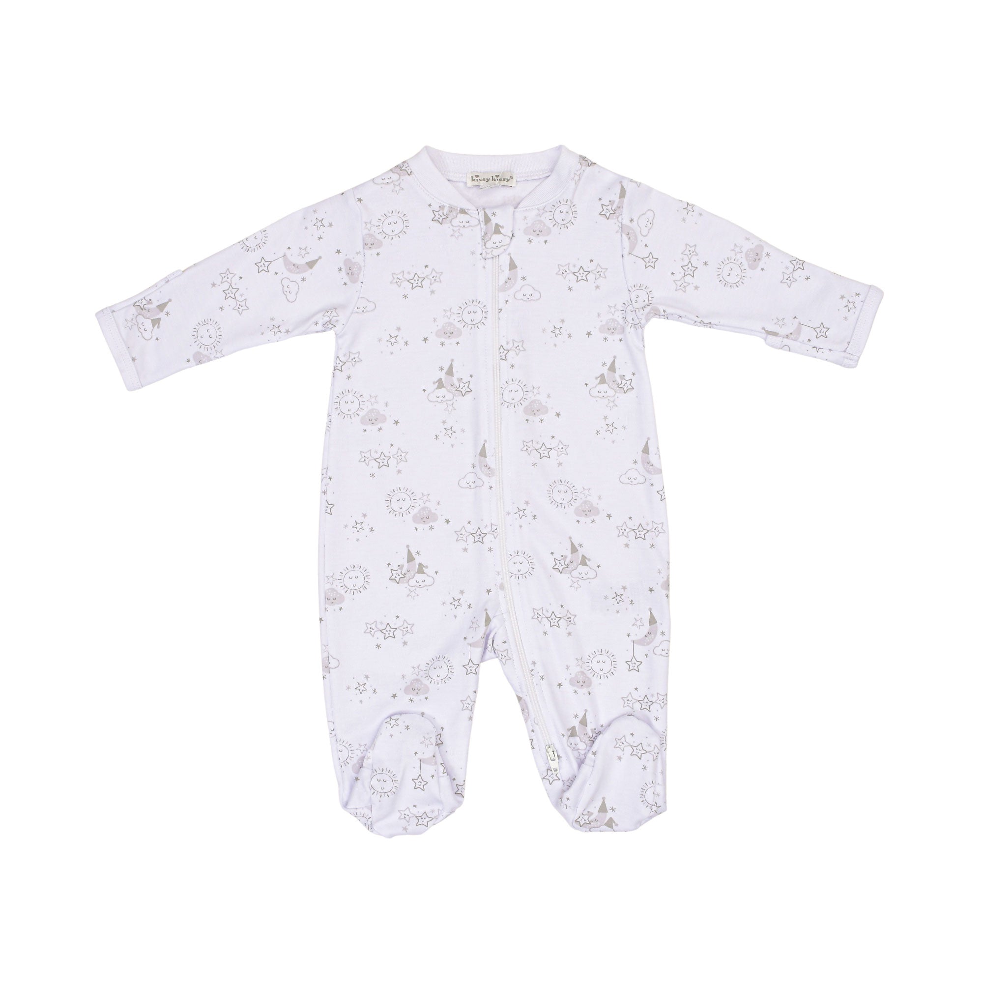 Kissy Kissy Newborn's Sleepsuit with Silver Celestial Pattern, Hat & Bib