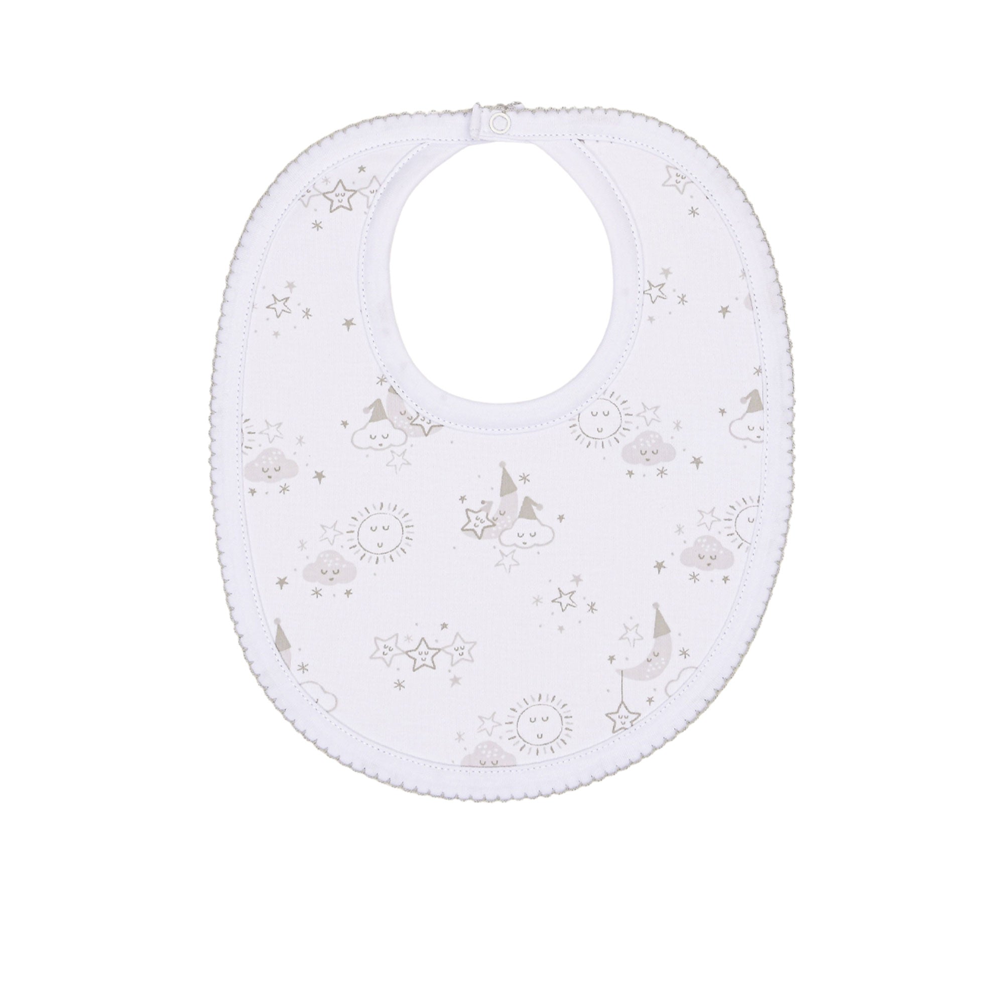 Kissy Kissy Newborn's Sleepsuit with Silver Celestial Pattern, Hat & Bib