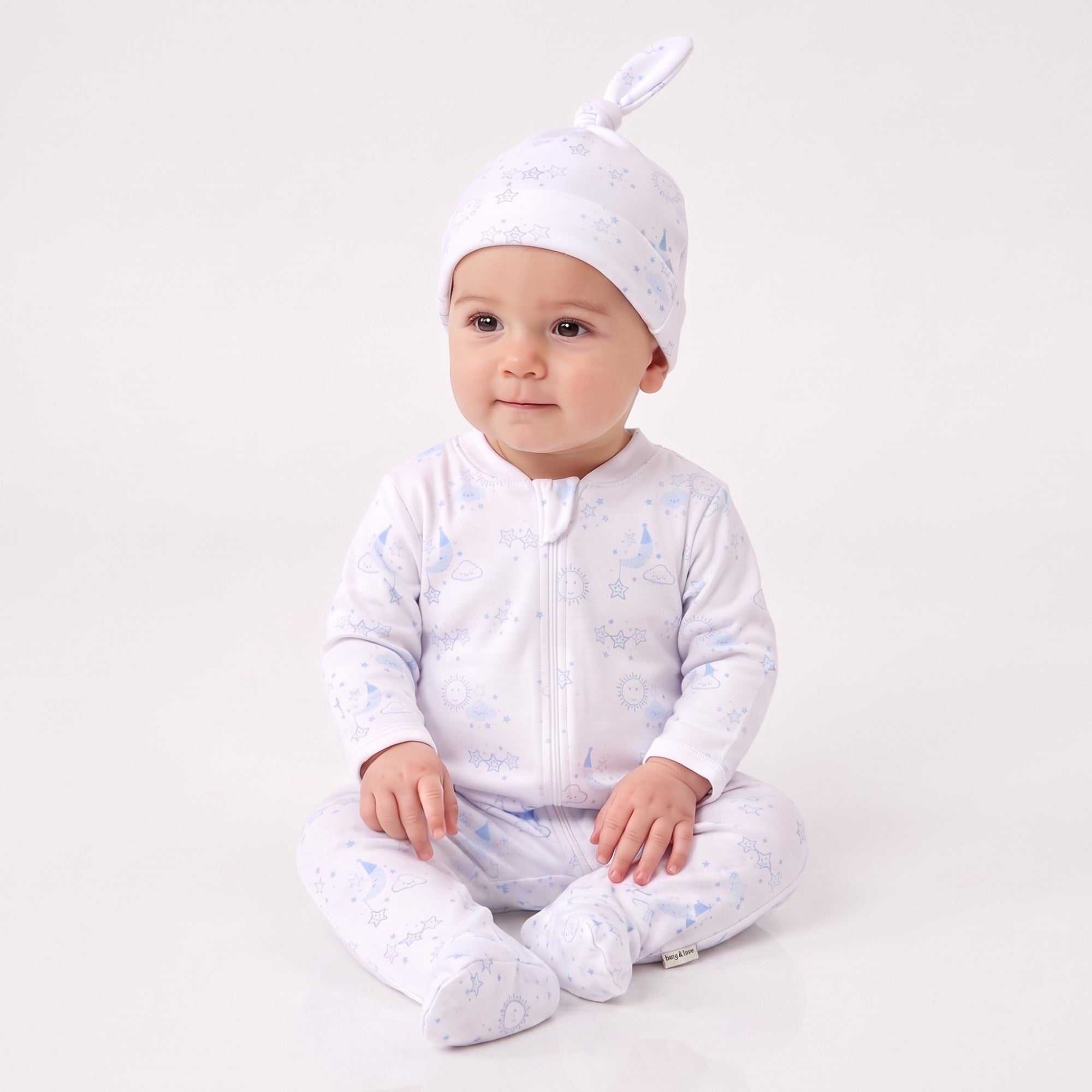 Kissy Kissy Newborn's Sleepsuit with Silver Celestial Pattern, Hat & Bib